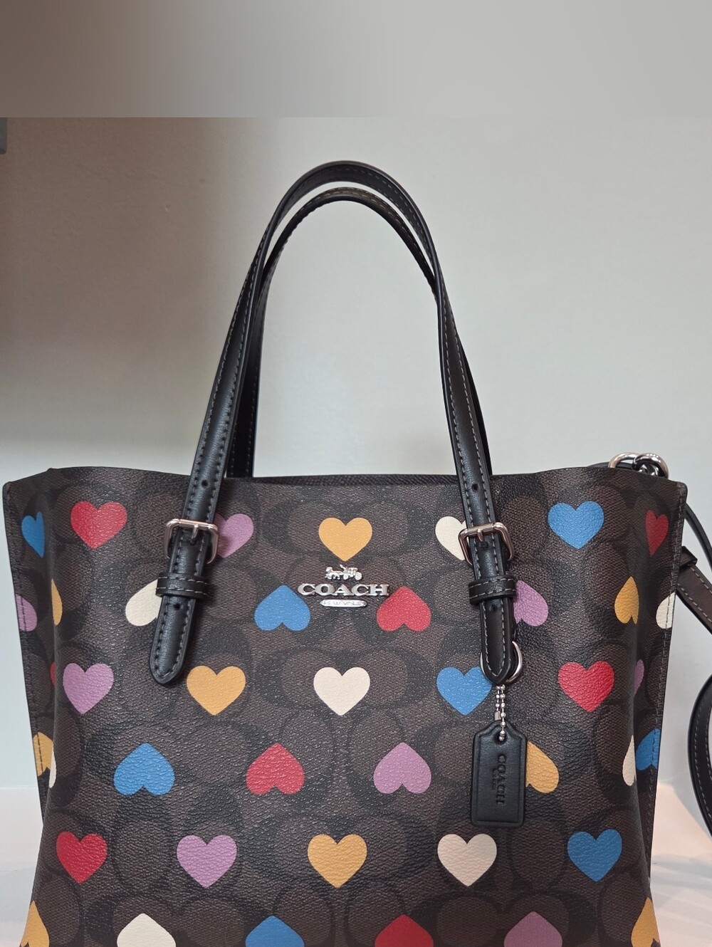 Coach Black Tote with Multicolor Heart Print